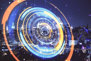 Teknoloji temalı hologramın ve şehrin arka planının iki katına çıkarılması. Yüksek Teknoloji kavramı.