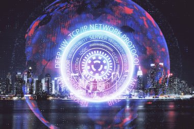 Teknoloji temalı hologramın ve şehrin arka planının iki katına çıkarılması. Yüksek Teknoloji kavramı.