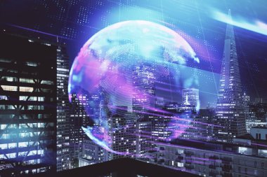 Teknoloji temalı hologramın ve şehrin arka planının iki katına çıkarılması. Yüksek Teknoloji kavramı.