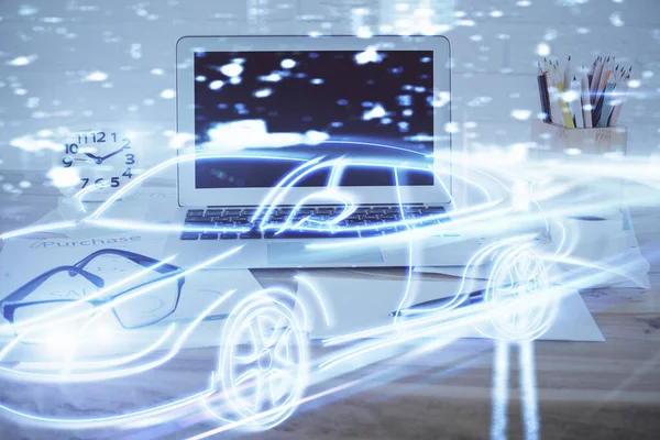 車載ホログラム描画とオフィスのデスクトップコンピュータの背景。多重露光。技術概念. — ストック写真