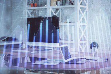 Eski pazar grafiği hologramı ve kişisel bilgisayar geçmişi. Çifte maruziyet. Yatırım kavramı.