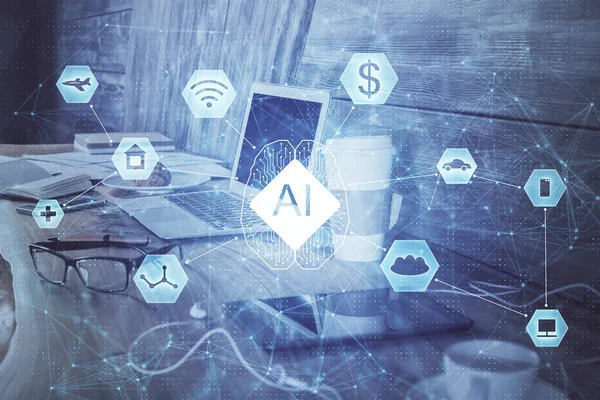 Double exposure of computer and technology theme hologram. Concept of freelance work. — Stock Photo, Image