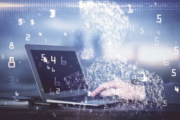 Holograma del tema de la tecnología con el hombre que trabaja en la computadora en fondo. Concepto de alta tecnología. Doble exposición. —  Fotos de Stock