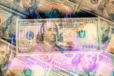 Forx grafiğinin çok sayıda görüntüsü bize dolar banknotları arka planında görünüyor. Finansal başarı piyasası kavramı.