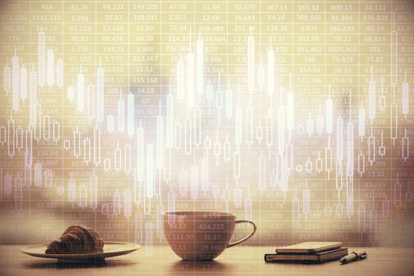 Διπλή έκθεση του forex διάγραμμα πάνω φλιτζάνι καφέ φόντο στο γραφείο. Έννοια της χρηματοοικονομικής ανάλυσης και της επιτυχίας. — Φωτογραφία Αρχείου