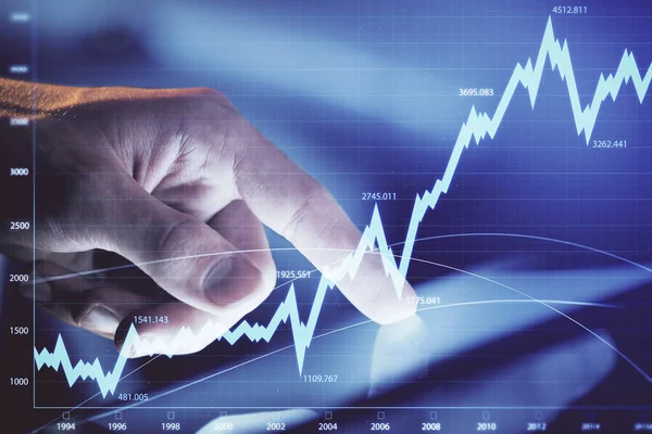 Multi expozice Man ruce drží a pomocí telefonu a finanční graf výkres. Koncept analýzy trhu. — Stock fotografie