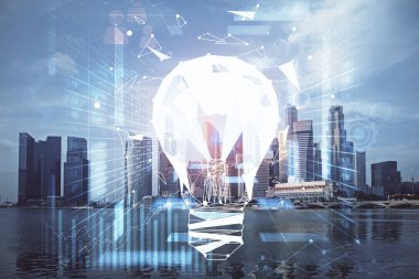 Ampul hologram çizimine ve şehir manzarasına çoklu maruz kalma. Fikir kavramı.