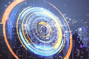 Teknoloji temalı hologramın ve şehrin arka planının iki katına çıkarılması. Yüksek Teknoloji kavramı.