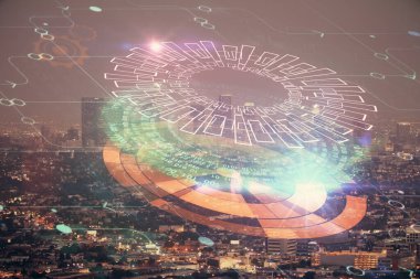 Veri temalı hologram gökdelenlerin arka planında çift pozlama ile şehir görünümüne çizim yapıyor. Ai kavramı.