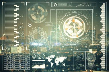 Veri temalı hologram gökdelenler arka planda çoklu pozlama ile şehir görünümüne çizim yapıyor. Ai kavramı.