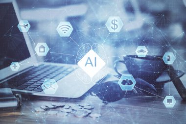 Bilgisayar ve teknoloji temalı holograma çifte maruz kalma. Serbest çalışma kavramı.