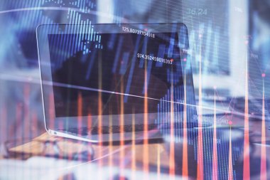 Bilgisayar geçmişi olan eski grafik hologramı. Çifte maruziyet. Finans piyasası kavramı.