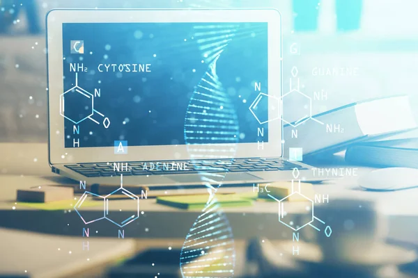 데스크톱 컴퓨터 배경과 DNA 그 리기입니다. 두 번 노출. 과학 개념. — 스톡 사진