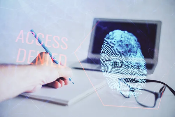 Fingerprint scan provides safe access with biometrics identification, concept of the future of security and password control through advanced technology. Double exposure.