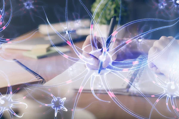 El üstünde tutulan nöron hologramı. Araştırma ve öğrenim kavramı. Çift pozlama