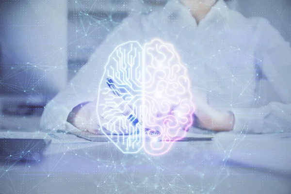 Arka planda beyin hologramıyla el yazısına çok maruz kalmış. Kendi kendine öğrenme kavramı. — Stok fotoğraf