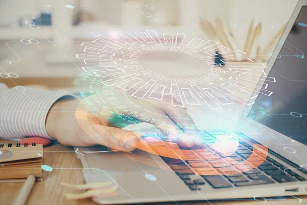 A man working on Laptop with technology theme drawing. Concept of big data. Double exposure. — Stock Photo, Image