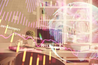 Finansal grafik çizimine ve ofis içi arka planına çifte maruz kalma. Borsa konsepti.