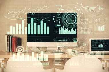 Hisse senedi borsası çizimine ve ofis iç planına çok maruz kalmış. Mali analiz kavramı.