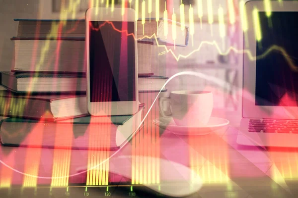 Double exposure of financial graph drawing and cell phone background. Concept of forex trading — Stock Photo, Image