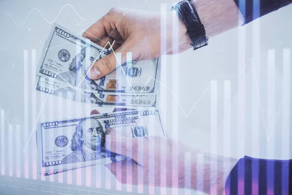 Multi blootstelling van de financiële grafiek tekenen hologram en Amerikaanse dollars rekeningen en man handen. Analyse concept. — Stockfoto