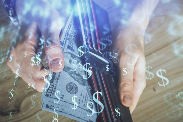 Mehrfachbelichtung von Forex-Graphen mit Hologramm und US-Dollarscheinen und Menschenhänden. Konzept der Technischen Analyse. — Stockfoto