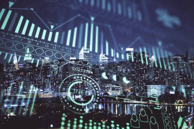 Teknoloji temalı hologramın ve şehrin arka planının iki katına çıkarılması. Yüksek Teknoloji kavramı.