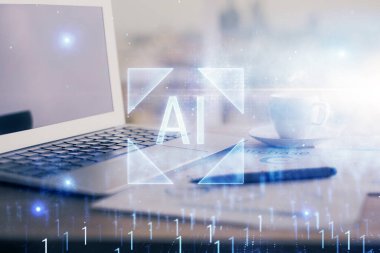 Arka planda bilgisayar ve veri temalı hologram tablosu çift pozlama. Veri teknolojisi kavramı.