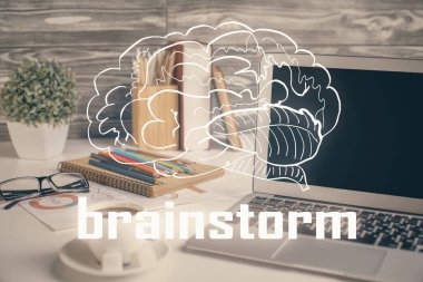 Ofisteki masaüstü bilgisayar arkaplanı ve tema hologram çizimini başlat. Çifte maruziyet. Başlangıç konsepti.