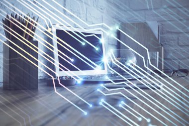 Arka planda kişisel bilgisayarı ve teknik tema çizimi olan iki kat masaüstü görüntüsü. Veri analizi kavramı.