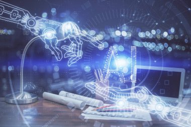 Bilgisayar ve teknoloji temalı holograma çifte maruz kalma. Serbest çalışma kavramı.