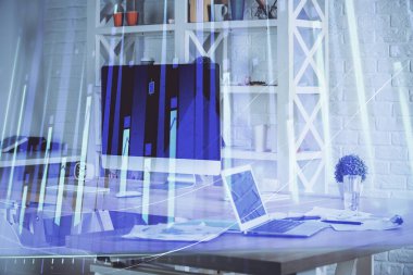 Arka planda eski pazar grafik hologramı ve kişisel bilgisayar var. Çifte maruziyet. Yatırım kavramı.