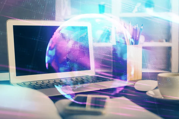 Computer on desktop in office with technology theme hologram. Double exposure. Tech concept. — Stock Photo, Image