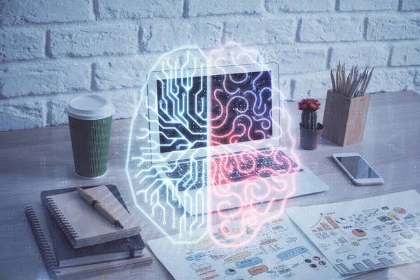 Exposición múltiple del espacio de trabajo con holograma de computadora y cerebro humano. Concepto de tormenta de ideas. — Foto de Stock