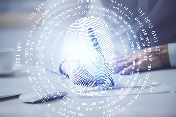 Fingerprint scan provides safe access with biometrics identification, concept of the future of security and password control through advanced technology. Double exposure.