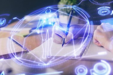 Eğitim temalı hologram, kadınların el yazısı üzerine. Öğrenim anlayışı. Çift pozlama