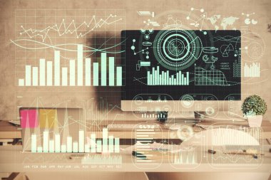 Finansal grafik çizimi ve ofis içi arka planının çoklu pozu. Pazar analizi kavramı.