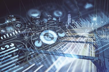 Teknoloji temalı hologramın ve şehrin arka planının iki katına çıkarılması. Yüksek Teknoloji kavramı.