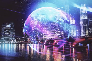 Teknoloji temalı hologramın ve şehrin arka planının iki katına çıkarılması. Yüksek Teknoloji kavramı.
