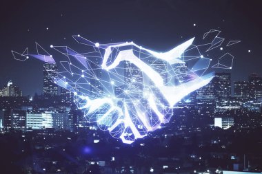 Şehir manzarası arka planında el sıkışma hologramına çifte maruz kalma. Ortaklık kavramı.