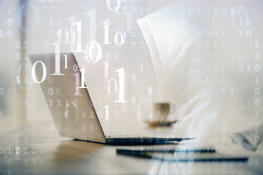 Arkaplanda bilgisayar ve veri teması çizimi olan tablonun çifte pozlandırılması. Yenilik kavramı.