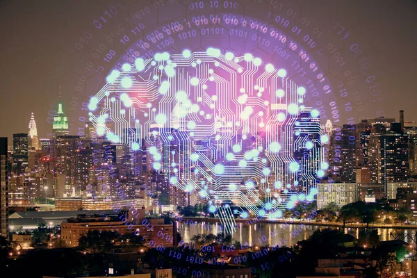 Голограмма мозга рисунок на фоне городского пейзажа Двойное воздействие. Концепция мозгового штурма. — стоковое фото