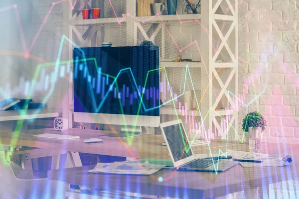 Financial market graph hologram and personal computer on background. Multi exposure. Concept of forex. — Stock Photo, Image