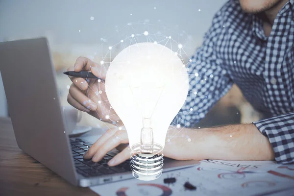 Growing arrows with businessman working on computer on background. Success concept. Double exposure. — Stock Photo, Image