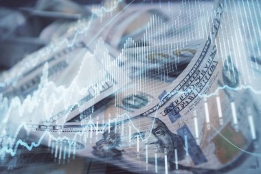 Önx grafiğinin arka plandaki dolarları iki katına çıkarması. Finans piyasası kavramı.