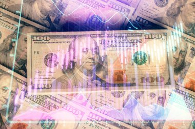 Forx grafiğinin çok sayıda görüntüsü bize dolar banknotları arka planında görünüyor. Finansal başarı piyasası kavramı.