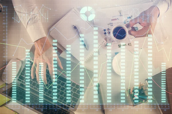 Multi exposure of mans hands typing over computer keyboard and forex graph hologram drawing. Top view. Financial markets concept. — Stock Photo, Image