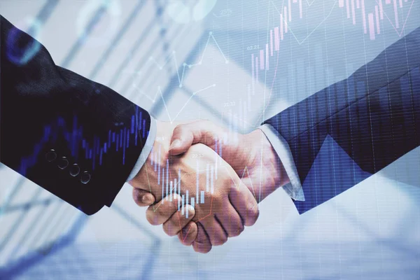 Double exposure of forex graph hologram and handshake of two men. Stock market concept. — Stock Photo, Image