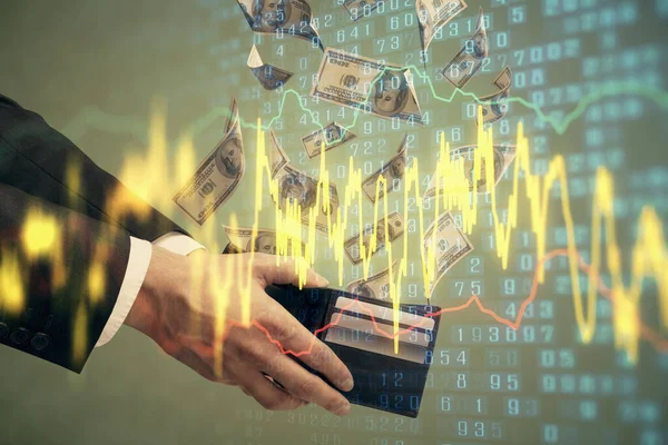 Multi blootstelling van de financiële grafiek tekenen hologram en Amerikaanse dollars rekeningen en man handen. Analyse concept. — Stockfoto