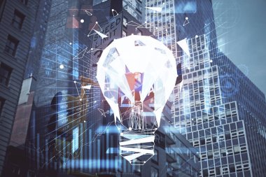 Ampul hologram çizimine ve şehir manzarasına çoklu maruz kalma. Fikir kavramı.